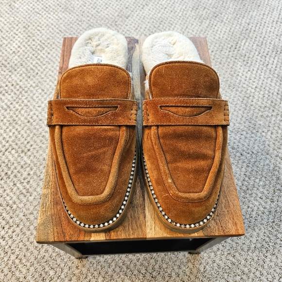 Jimmy Choo Tan Suede Crystal Embellished Shearling Mules - Picture 6 of 11